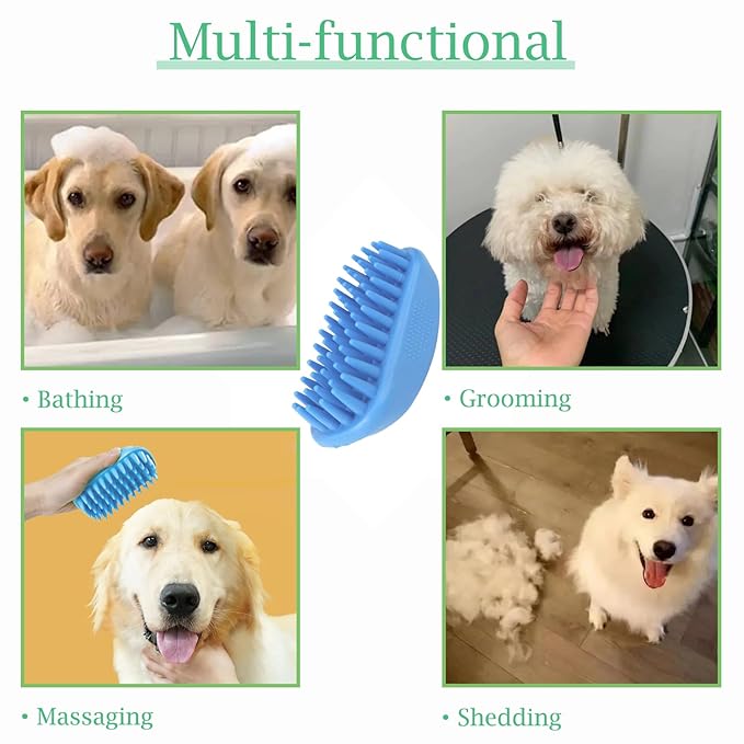 Dog Bath Brush, Pet Silicone Shampoo Brush, Rubber Shower Wash Curry Brush for Short Long Haired Dogs Cats Shedding Grooming and Massage, Pet Rubber Brush Removes Loose & Shed Fur (Blue)