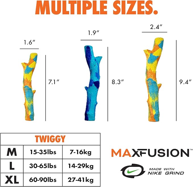 Max Fusion with Nike Grind, Dog Sticks, Arlee Twiggy Dog Toy, Chew Toy for Play, Fetch, Tug, L