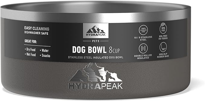Hydrapeak Dog Bowl; Non Slip Stainless Steel; Water and Food Dish; Large Sized and Small Dogs; 32oz 64oz; Multiple Sizes | 8 Cup | Graphite