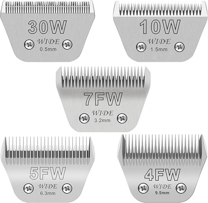 30W+10W+7FW+5FW+4FW Wide Pet Dog Grooming Detachable Blades Kit,Compatible with Andis,Oster A5,Wahl KM10 Clippers,Cut Length 1/50"(0.5mm) to 3/8" (9.5mm),5 Pack