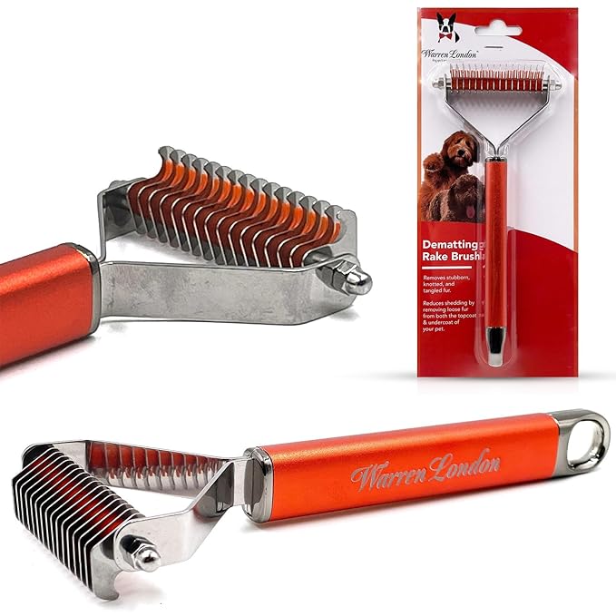 Warren London Undercoat Rake Brush for Dogs and Cats - Premium Deshedding Tool for Long Haired Pets - Skin Friendly Dematting Comb for Professional Grooming Results at Home