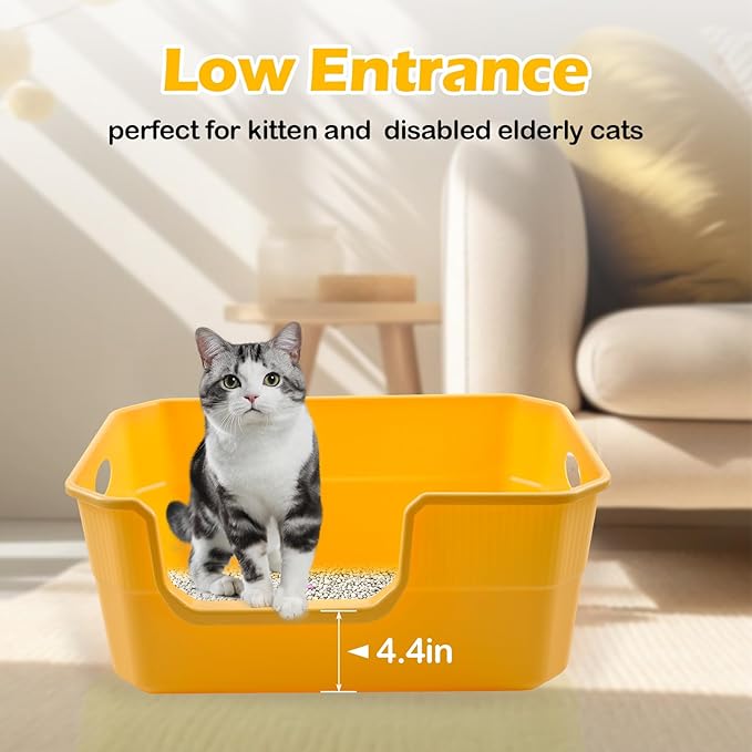 Large Low Entry Litter Box with High Sides,Plastic Cat Litter Pan Open Top Anti-Splashing Kitten Litter Box,Yellow Low Entrance Cat Toilet Easy to Clean