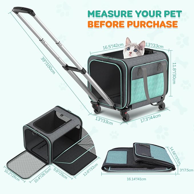 Cat Carrier with Wheels Airline Approved: Betopet Expandable Rolling Dog Carrier for Small Dog Under 25lbs - Cat Soft Carrier Pet Travel Bag TSA Approved Under Seat for Airplane Transport Flight