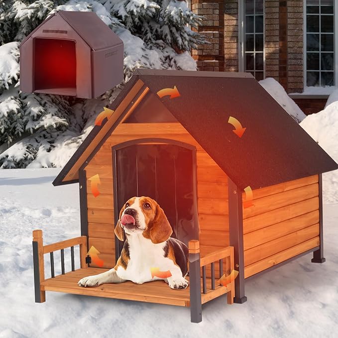 GUTINNEEN Outdoor Dog House Insulated Weatherproof Dog Kennel for Large Breed with All-Around Metal Frame, Anti-Bite Dog Shelter with Porch (Brown, 50.9'' Large)
