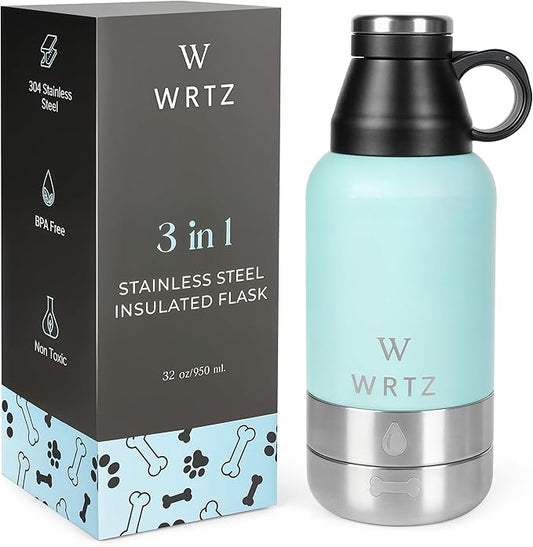 Stainless Steel Insulated Water Bottle with 2 Removable Water Bowls for Dogs – Leak-Proof Portable Dog Water Bottle - Travel Accessories for Dogs - 32oz - Teal