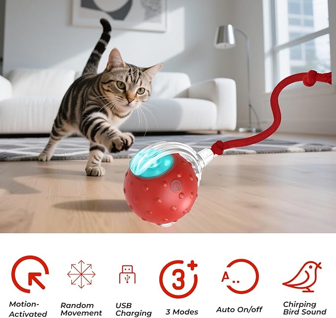 Interactive Cat Toys Ball - 2025 New Gen with Smart Obstacle Avoidance,Bird Chirps & Auto Wake-Up,Includes 1 Speedy Tail 2.0 Ropes, Ideal Kitten Toys for Bored Indoor Cats (Red)