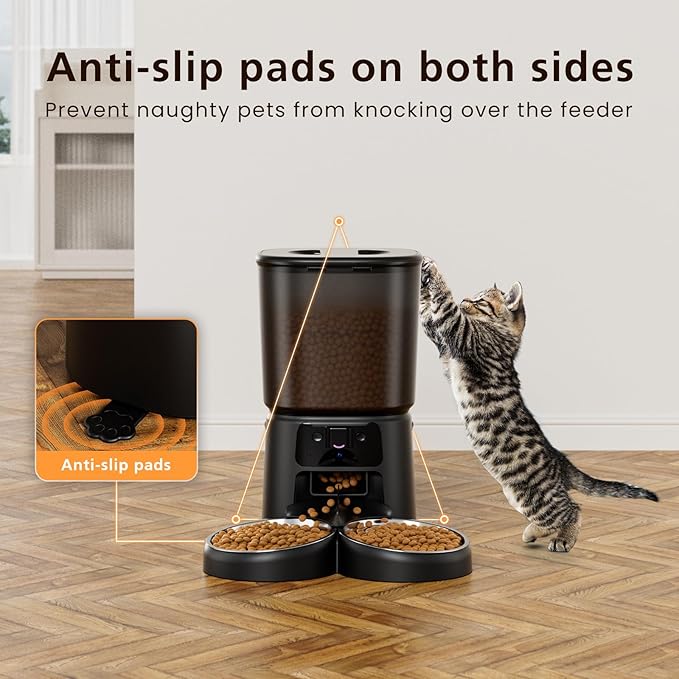 Automatic Cat Feeder with Camera, 6L WiFi Smart Pet Feeder with APP Control, 1080P HD Video, Voice Call, Motion Detection, Dual Power Supply, for Dogs Cats, Small-Pet(Black, 6L)