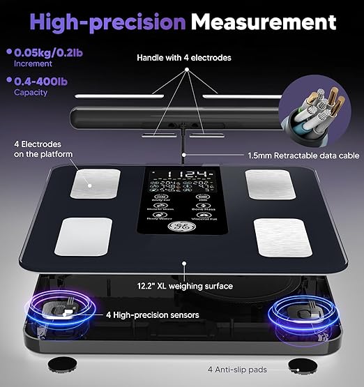 GE Smart Scale for Body Weight: 8-Electrode Digital Bathroom Scale for Weight Fat BMI Muscle Mass Full Body Composition Analyzer 27 Measurements Bluetooth Highly Accurate Weighing Machine, 400 lbs