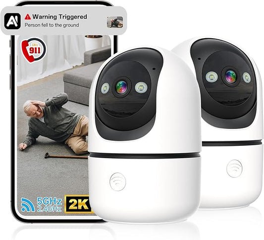 Security Cameras Indoor, 2K 5G&2.4Ghz WiFi Camera for Security Home with 911 Monitor Alert, 360 PTZ Baby/Pet/Dog Camera AI Search Motion Detection, Color Night Vision, Speaker, US Cloud Storage, 2Pack