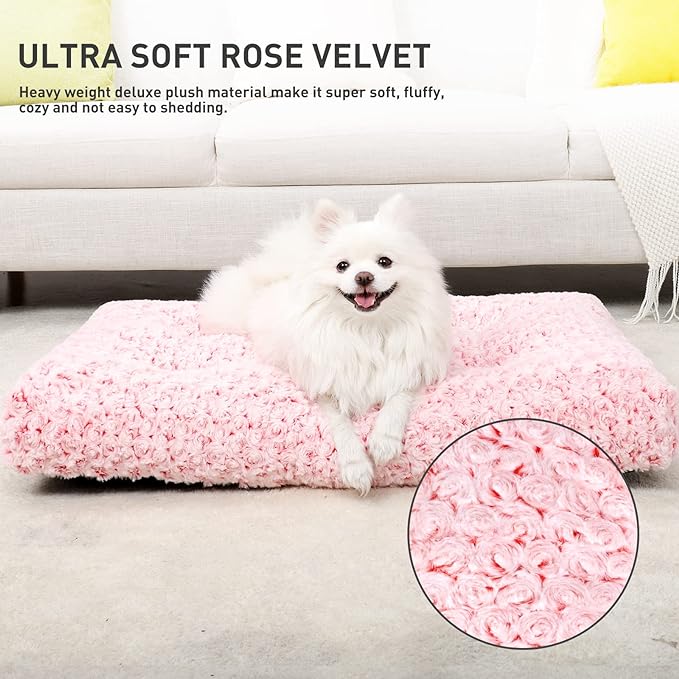 KSIIA Washable Dog Bed Deluxe Plush Dog Crate Beds Comfy Kennel Pad Anti-Slip Pet Sleeping Mat for Large, Jumbo, Medium, Small Dogs Breeds, 29" x 21", Pink