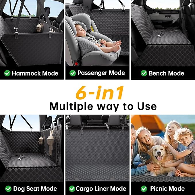 Dog Car Seat Cover for Back Seat Hard Bottom, [Powerful Holds 450 Ibs] [Space+50%] 600D Waterproof Non-Slip Car Hammock, Back Seat Extender Dogs, Sedans/SUVs/Trucks, Standard, Black