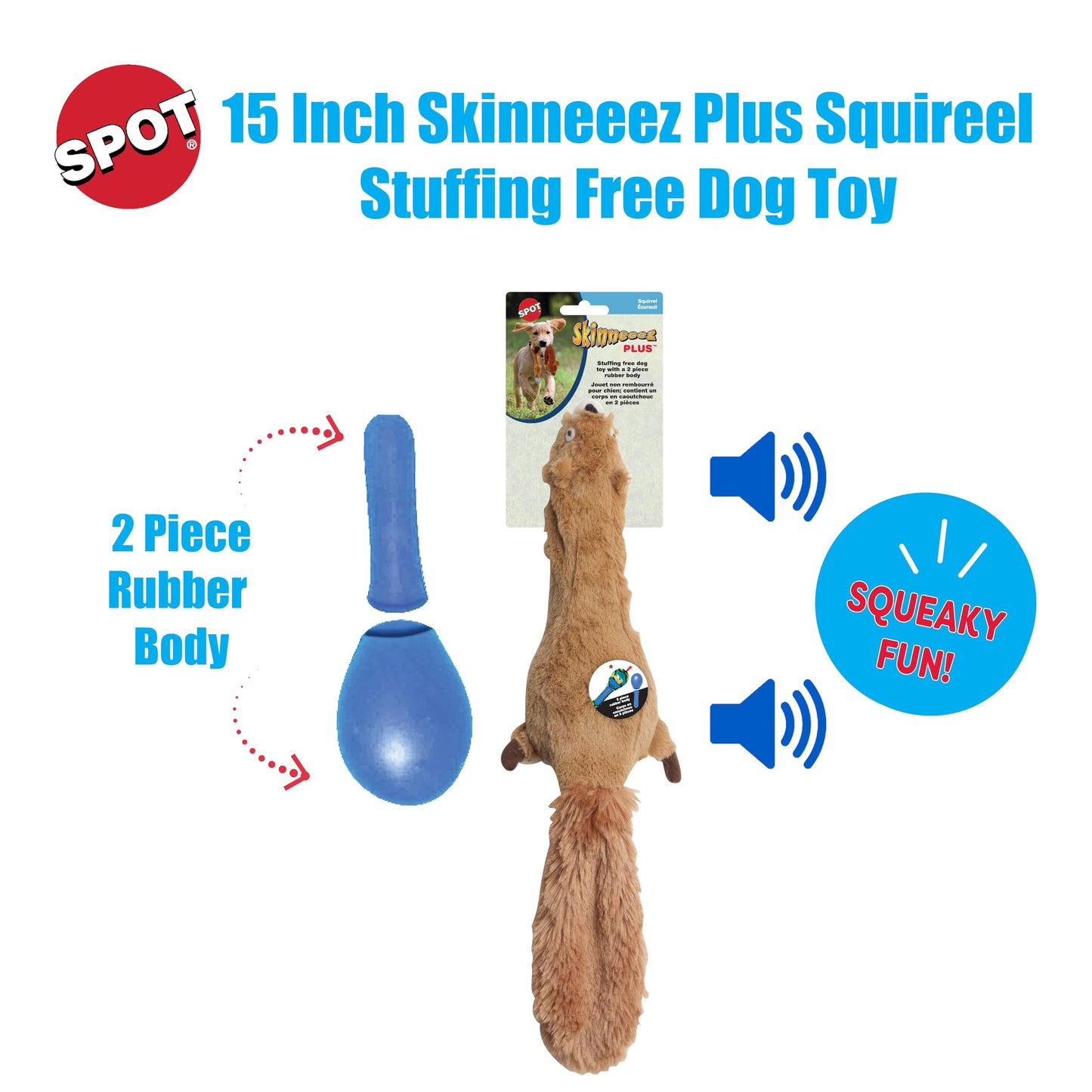 SPOT Skinneeez Plus Squirrel - Stuffing Free Dog Toy with Two Piece Rubber Body and Two Squeakers, Fun to Bite, Stuffingless Design is Great for Moderate Chewers, Tug Toy for Puppies & Dogs - 15in
