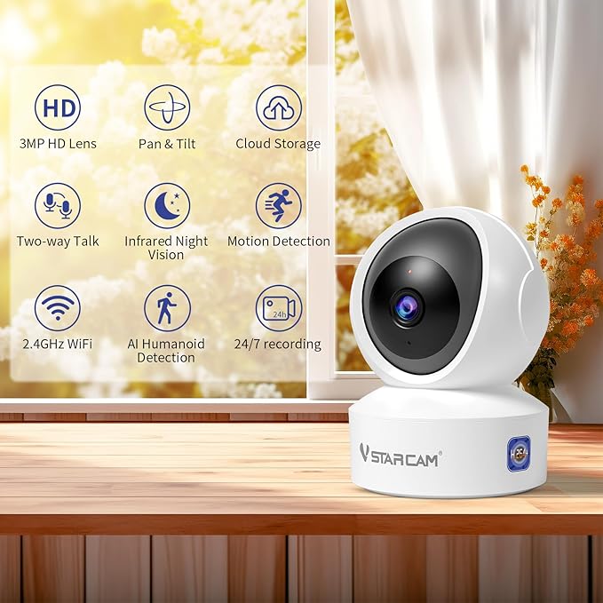 VSTARCAM 3MP Pet Camera Indoor with Phone App, 360° Indoor Security Camera with Color Night Vision, Motion Detection & 2-Way Audio, 24/7 SD & Cloud Storage，2.4GHz WiFi, in Plug 06