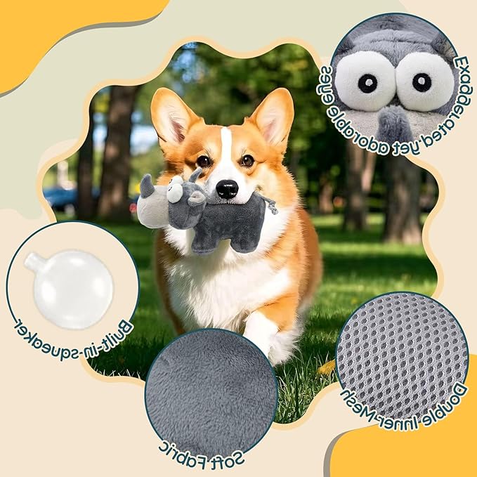 VWPYCHI Tough Dog Toy, Stuffed Chew Large Dog Toys to Keep Them Busy, Interactive Squeaky Tug of War Doggie Toy, Crinkle Grey Good Size Rhino Best Gift Christmas