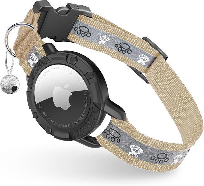 Reflective AirTag Cat Collar, Integrated Cat Tracker Collar with Air Tag Holder and Bell, Safety Elastic Band Cat GPS Collars for Girl Boy Cats, Kittens and Puppies (Khaki,S)