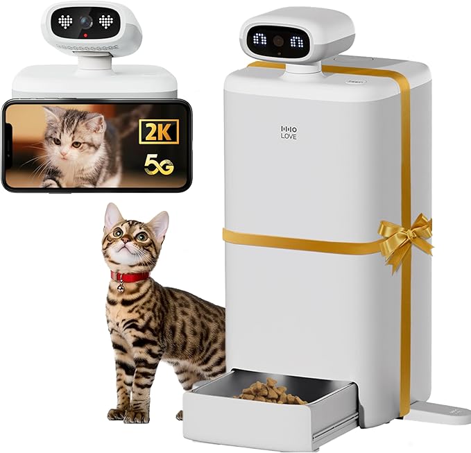 Automatic Cat Feeder with Camera, 2k HD Video Night Vision, 5G Pet Feeder with 2-Way Audio, Cat Food Dispenser with Low Food Alert and Blockage Sensor, Non-Subscription Version