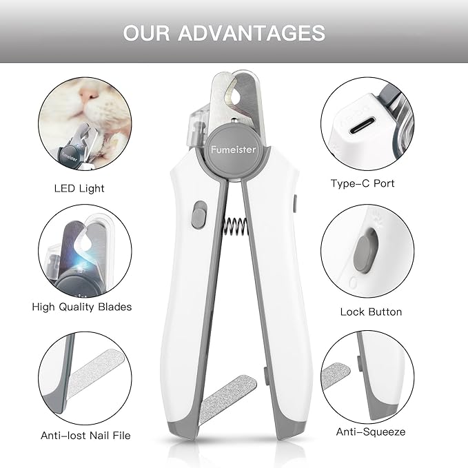 Type-C Rechargeable Dog & Cat Nail Clippers - LED Pet Nail Trimmer with Built-in Nail File, Extra Sharp Blades for Small & Medium Dogs, Indoor Cats (White-Gray)