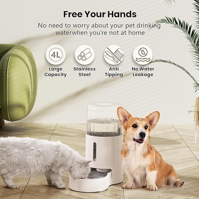 CZPET Automatic 4L/135Oz/1Gal Cat Water Dispenser with Stainless Steel Bowl, Gravity Waterer for Small Medium Dog Puppy Kitten (White)