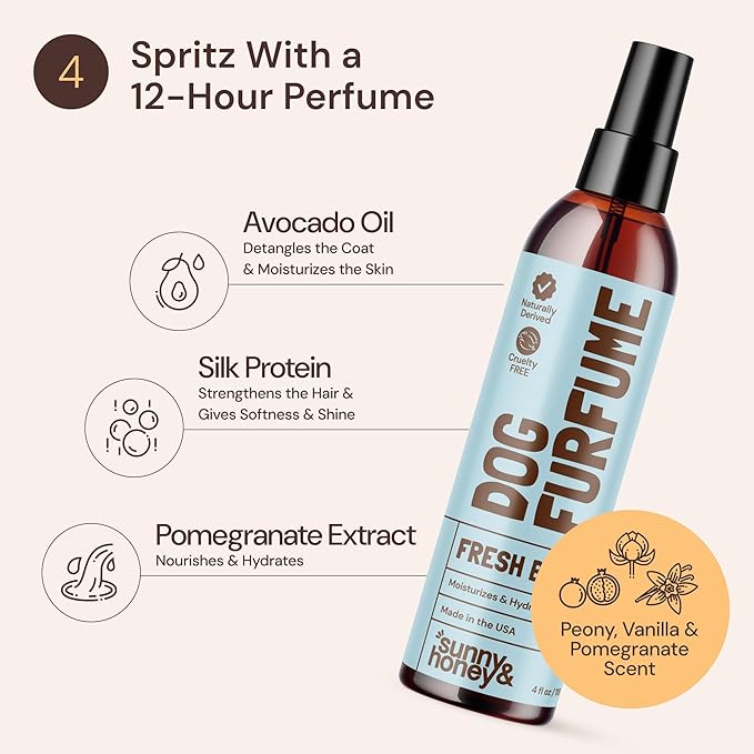 Sunny & Honey Professional Dog Shampoo Bundle - 16 oz Coconut Shampoo & 8 oz Breeze Perfume - 4-in-1 Cleanse & Condition - Includes Deshedding Brush, Microfiber Towel & Deodorizing Cologne Spray
