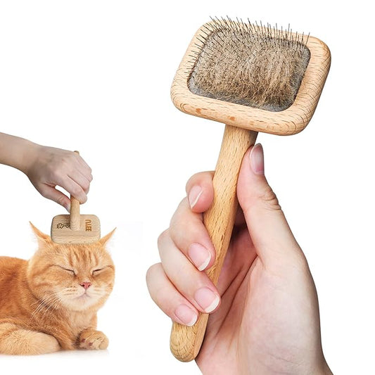 UTEE Slicker Brush for Small Dogs & Cats (Yorkies, Chihuahuas, Persian Cats) Gentle Grooming Tool with Stainless Steel Curved Pins & Ergonomic Beech Wood Handle — Ideal for Long or Thick Fur