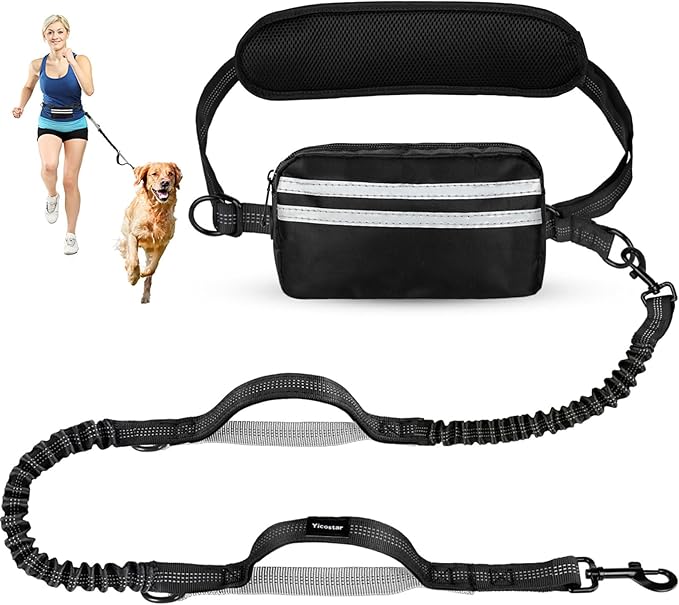 Hands Free Dog Leash, Adjustable Waist Belt with Double Padded Handles, Retractable Bungee for Medium & Large Dogs, Waist Leash for Dog Walking, Running, No Pull, Black