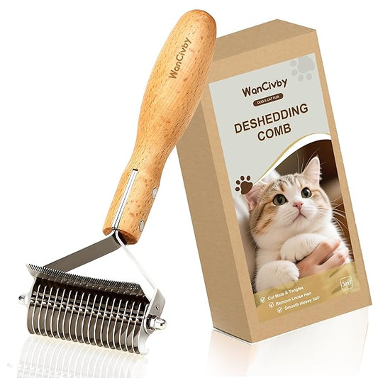 3-in-1Dematting & Deshedding Comb Undercoat Rake for Cats& Dogs，Detangling Matted Fur & Hair Remover Tool Pet Grooming Rake for Shedding and Dematting，Ergonomic beech wood handle (Round Handle)