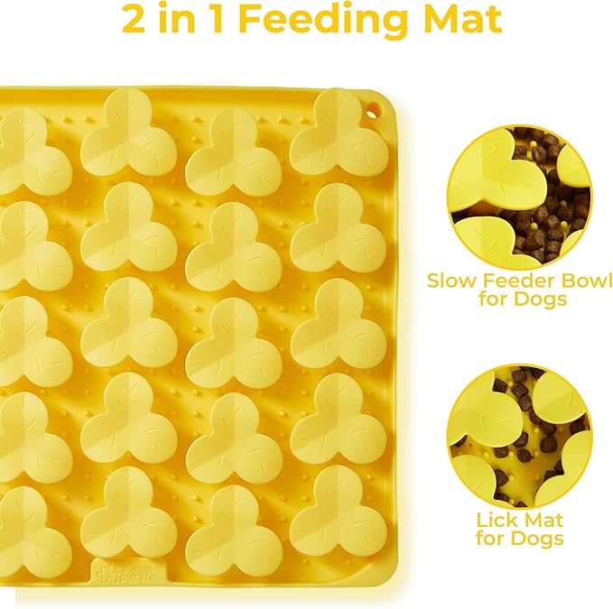 Snuffle Mat for Dogs, Lick Mat to Slow Down Eating, Puzzle Toys for Large and Medium Breed Dogs, Silicone Bowls for Dry, Wet, Raw Food, Yellow