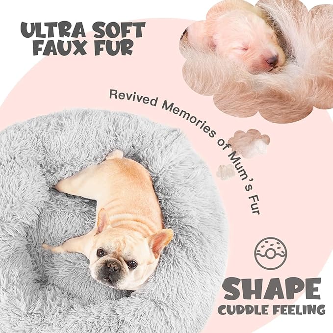 Himax Donut Bed for Small Medium Dogs With Attached Blanket - Calming, Washable (20"/26"/35") Light Grey