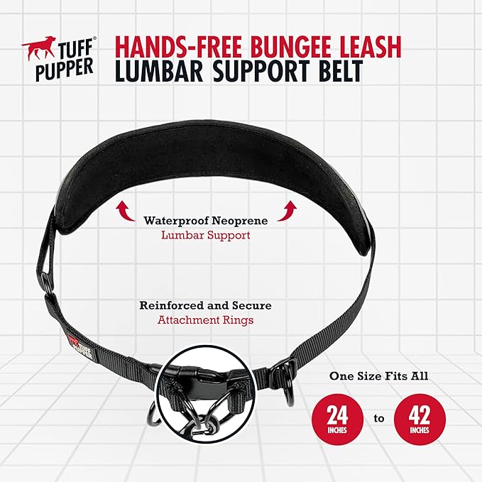 Tuff Pupper Heavy Duty Hands Free Dog Leash | One Large Dog Up to 125 lbs | Comfortable Shock Absorbing Bungee | Reflective Padded Handles | Lumbar Waist Belt 24-42" | Walking Jogging Running Leash