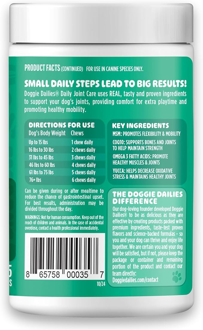 Doggie Dailies, Hip and Joint Supplement for Dogs, Glucosamine Chondroitin, Premium Hip and Joint Chews for Dogs All Breeds & Sizes, Dog Vitamins and Supplements, (Peanut Butter) 225 Chews