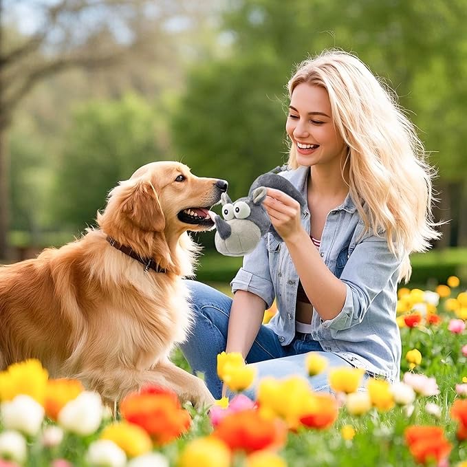 VWPYCHI Tough Dog Toy, Stuffed Chew Large Dog Toys to Keep Them Busy, Interactive Squeaky Tug of War Doggie Toy, Crinkle Grey Good Size Rhino Best Gift Christmas