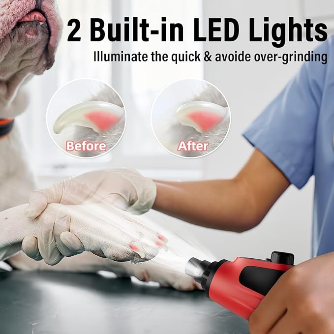 Casfuy Smart 6-Speed Dog Nail Grinder - 50% More Power Pet Nail Grinder with 2 LED Lights Quiet Rechargeable Electric Dog Nail Trimmers File Toenail Grinder for Large Medium Small Dogs & Cats (Red)