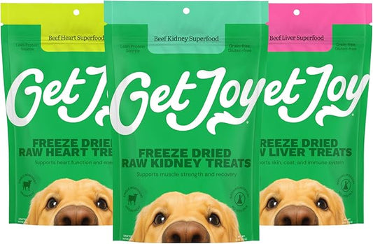 Get Joy Freeze Dried Superfood 100% Beef Heart, Kidney, Liver Dog Treats Variety Pack, 4 Ounce (Pack of 3), Single Ingredient Organ Meat, High Protein, Grain Free, Gluten Free, Made in USA