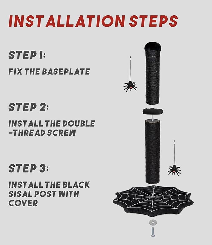 Gothic Cat Scratching Post with Spider Dangling Toys for Indoor Cats, Halloween Spooky Cat Scratcher,Activity Cat Play Center Goth Cat Tree Tower Furniture with Cobweb Base,Black