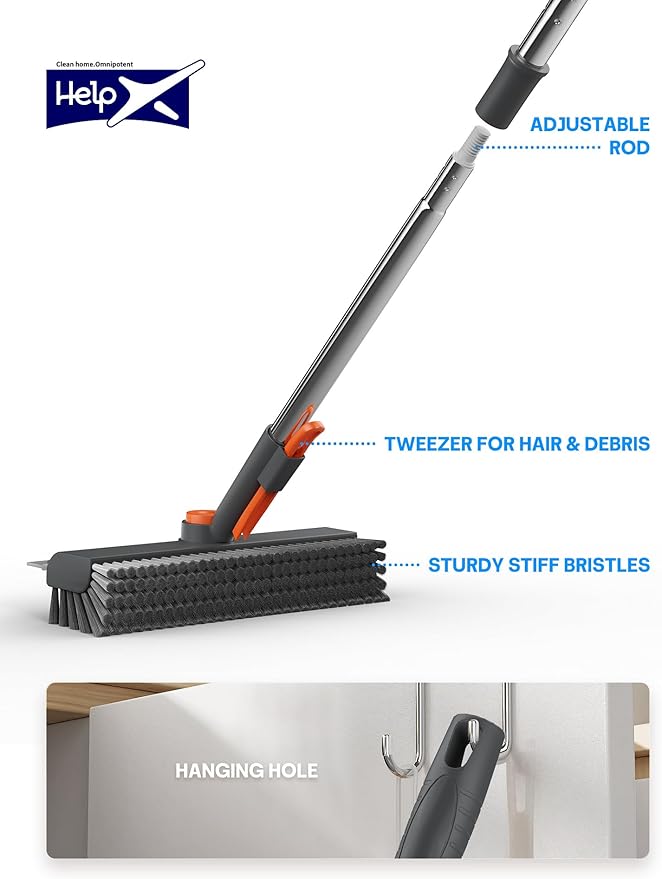 Floor Scrub Brush with Long Handle, 3 in 1 Multi-angle Swivel Right Angled Bristle Floor Scrubber Brush with Squeegee and Tweezer for Cleaning Tile Wall Deck Bathroom Patio Garage Kitchen (Grey)