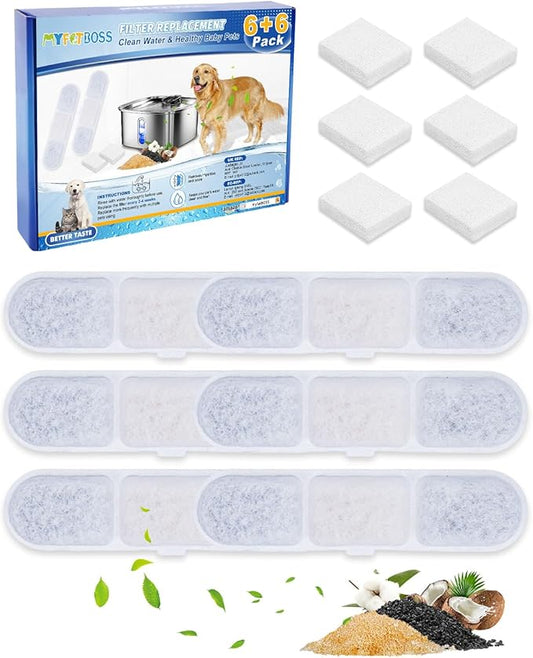 6+6 Pack Pet Water Fountain Filters Fit for Automatic Dog Water Dispenser WF530 9L/2.4GaL, Dog Bowls Replacement Filter Fit for Stainless Steel Large Dogs Waterer Fountain