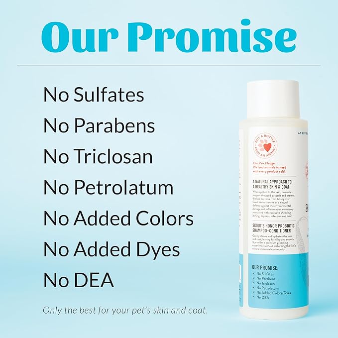 Skout's Honor Unscented Probiotic Cat Shampoo & Conditioner with Avocado Oil & Omega-3s, 97% Natural, Paraben & Sulfate-Free, Cruelty-Free, 16oz, Fragrance Free