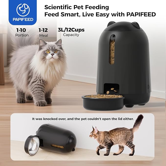 PAPIFEED Automatic Cat Feeder, 3L Timed Cats Food Dispenser with Dual Power Supply, Auto Pet Feeder with Programmable Portion Control for Cats and Small Dogs, Black