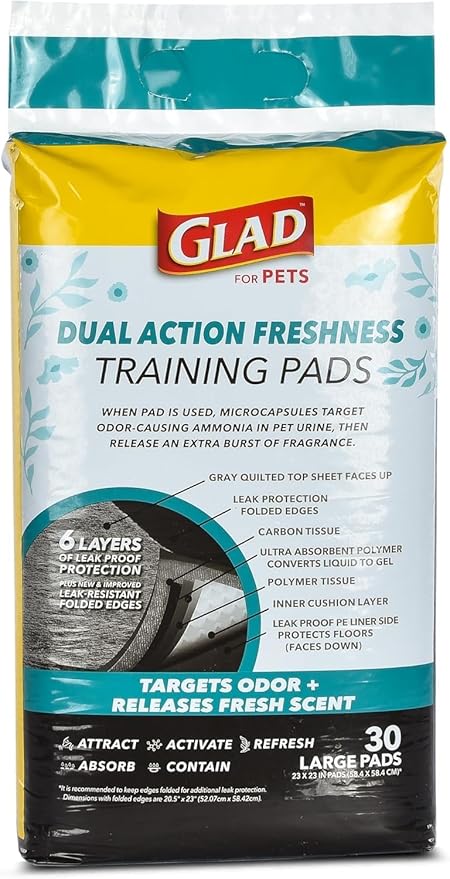 Glad for Pets Dual Action Freshness Activated Carbon Puppy Training Pads with Fragrance Release, Scented Pee Pads, Ultra Absorbent, Odor Control, 23"x23" 30ct - 6 Pack