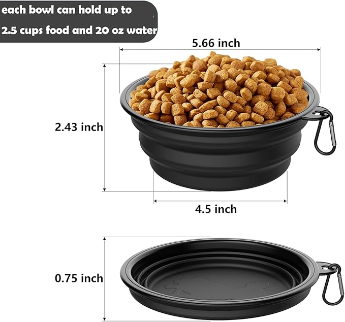 2 Pack Collapsible Dog Bowl Travel Portable Pet Bowls [20oz,600ml],Expandable Foldable Food Water Feeding Dishes for Traveling Hiking Walking,with Carabiners [Black,Green]