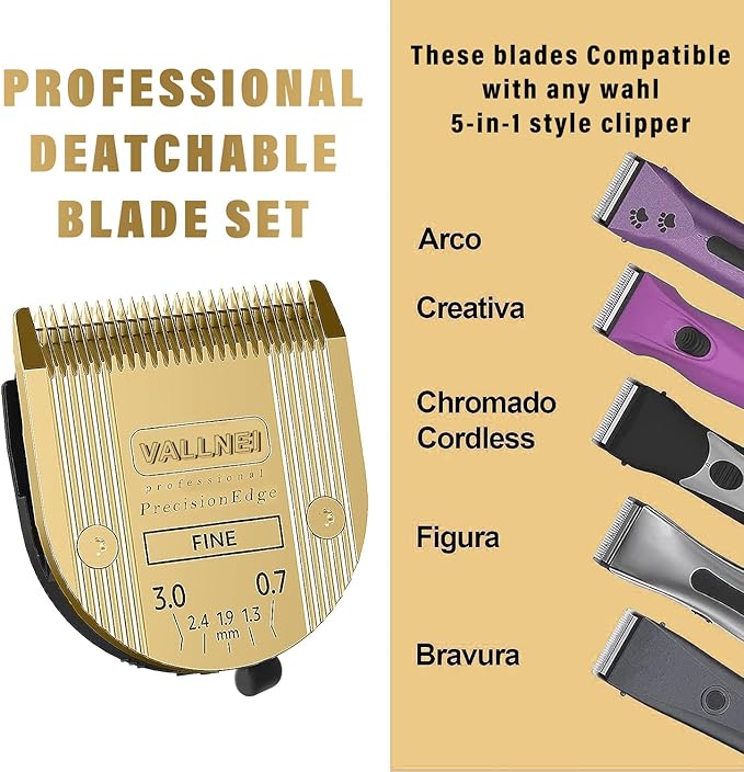 Detachable Adjustable Pet Dog Grooming Clipper 5-in-1 Blade Compatible with WAHL Professional Animal Blade Arco, Bravura, Chromado, Creativa, Figura, and Motion Pet, Dog, and Horse Clippers Golden
