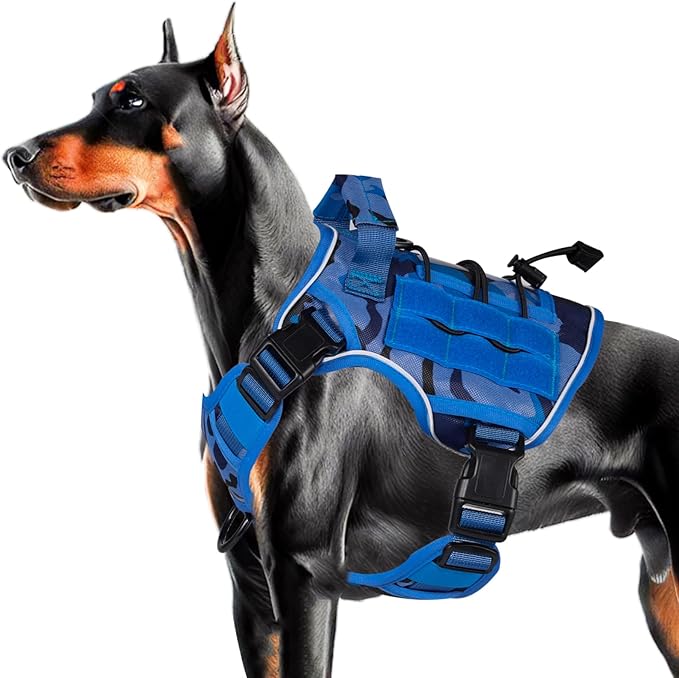 Heavy-Duty Tactical Dog Harness for Large Dogs, No Pull Adjustable Reflective Pet Vest with Molle System, K9 Military-Grade Control for Service Training, Outdoor & 10+ Breeds, Blue Camo, Medium