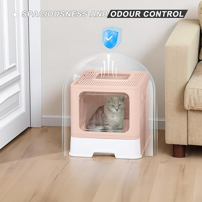 Upgrade Portable Litter Box, Top Entry Cat Box with Lid, No Leakage Kitty Box with Scoop and Mat, Easy Cleaning Cat Box Enclosure (Pink)