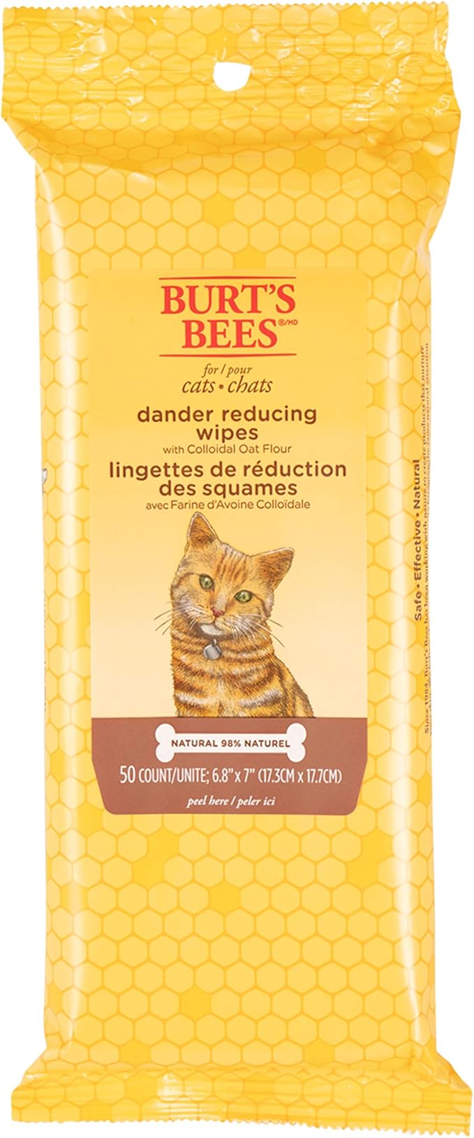 Burt's Bees for Pets Cat Dander Wipes with Colloidal Oat Flour, 98% Natural Origin Formulas, Cats Dandruff Remedy, Feline Cleansing Sheets for Allergy Relief, 3pk, 50ct