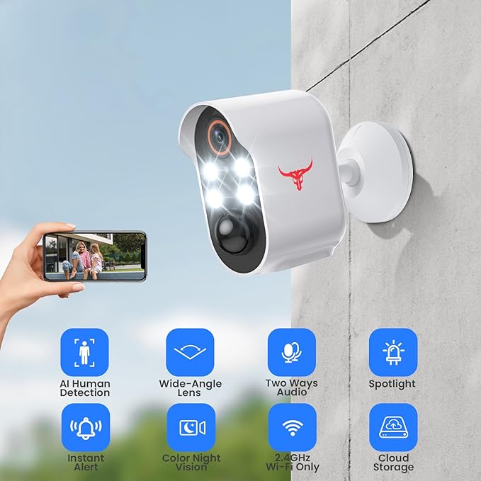 1080p Wireless Security Camera with AI Human Detection, Night Vision, 2-Way Talk, Cloud Storage, Rechargeable Battery Included, Battery Camera for Home Security, 2.4G WiFi