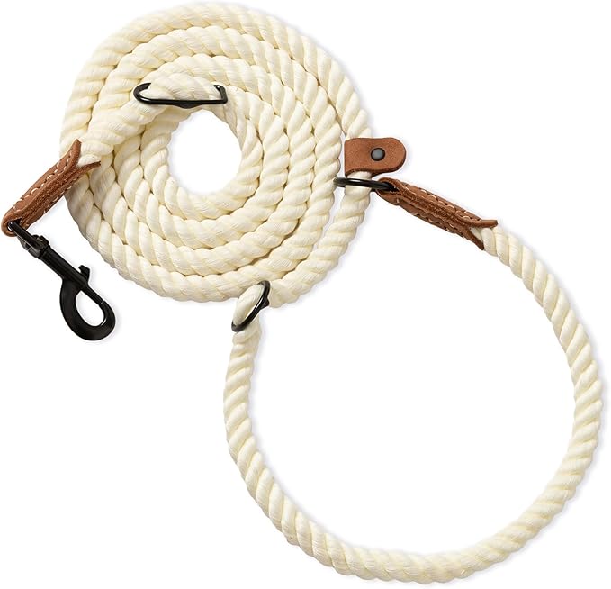 Mile High Life Hands Free Dog Leash, Crossbody Waist Leash with Genuine Leather Connection, Multifunctional Adjustable Slip Lead for Dog Walking Running (Cream, MF)