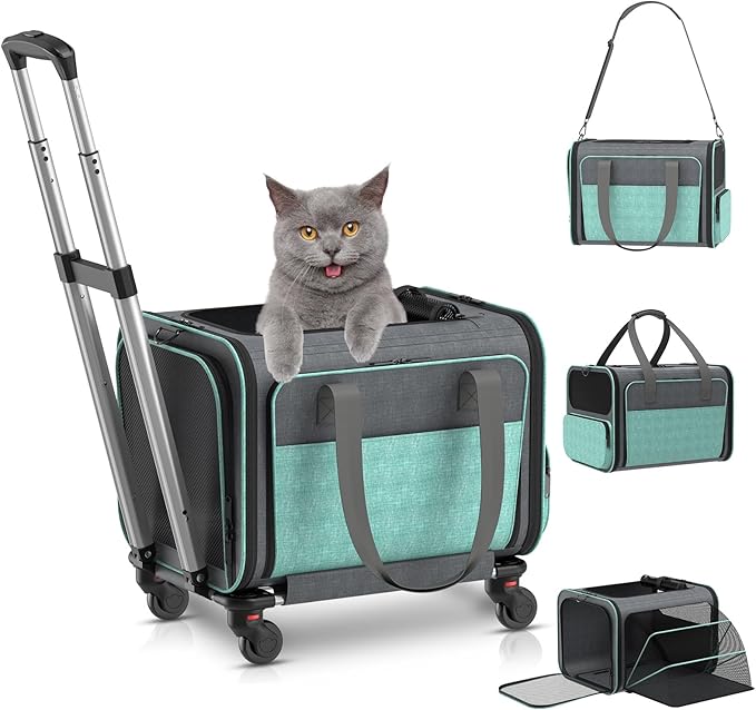Cat Carrier with Wheels Airline Approved: Betopet Expandable Rolling Dog Carrier for Small Dog Under 25lbs - Cat Soft Carrier Pet Travel Bag TSA Approved Under Seat for Airplane Transport Flight