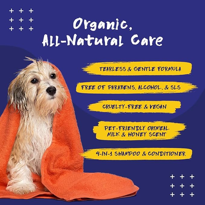 PupGrade Complete Care 4-in-1 Shampoo & Conditioner for Dogs - Cleans, Moisturizes, Detangles & Deodorizes - Oatmeal Milk & Honey Scent - 16 fl oz