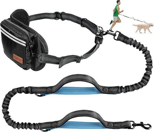Kytely Hands Free Dog Leash with Zipper Pouch, Wide Padded Waist Dog Running Leash for Medium and Large Dogs, Dual Padded Handles, Retractable Bungee for Walking Jogging Training Hiking