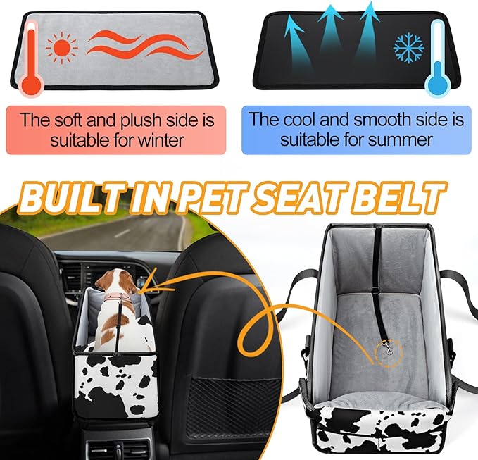 Portable Dog Car Seat for Small Dogs - Adjustable Safety Leash, Washable Cushion & Storage Pocket - Pet Booster Seat for Car Travel- Cow Pattern